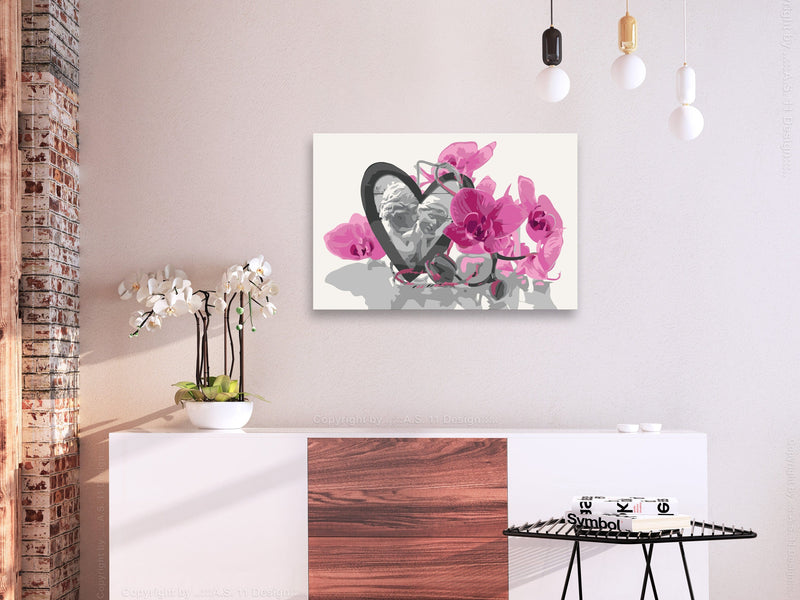 Kanva uz audekla "izkrāso pēc cipariem" - Eņģeļi (sirds un rozā orhideja) 60x40 cm Artgeist