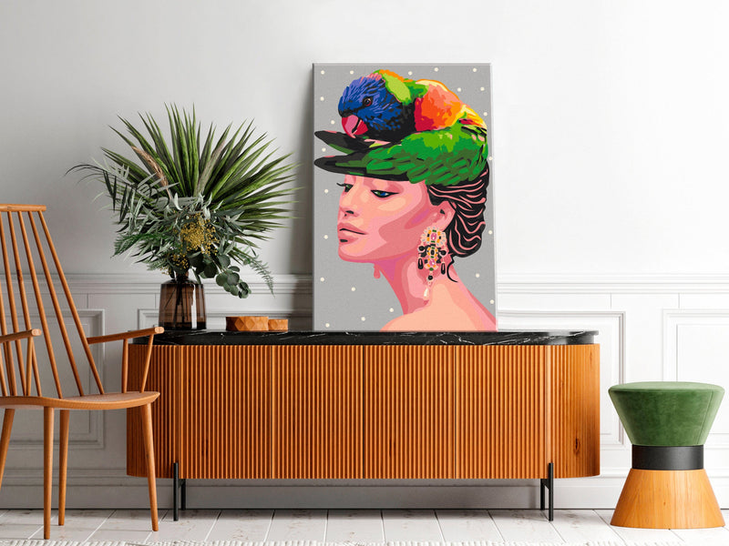 Kanva uz audekla "izkrāso pēc cipariem" - Parrot on the Head 40x60 cm Artgeist