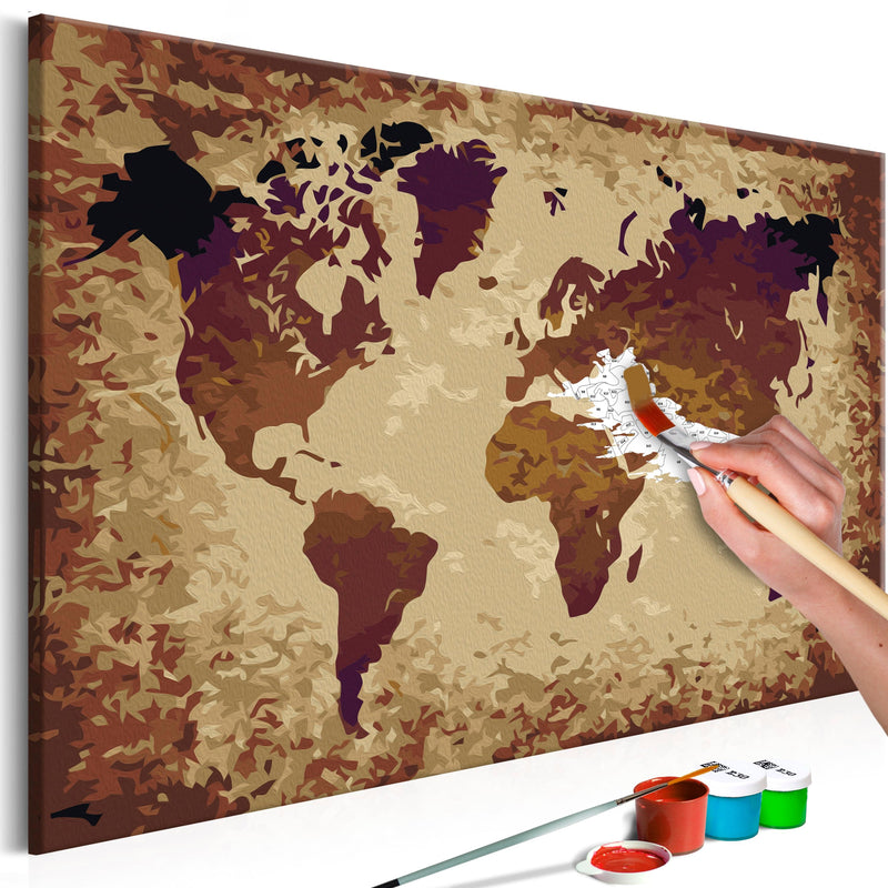 Kanva uz audekla "izkrāso pēc cipariem" - Pasaules karte (brūnas krāsas) 60x40 cm Artgeist