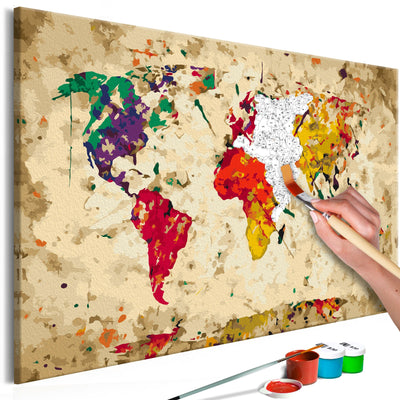 Kanva uz audekla "izkrāso pēc cipariem" - Pasaules karte (Krāsas šļakatas) 60x40 cm Artgeist