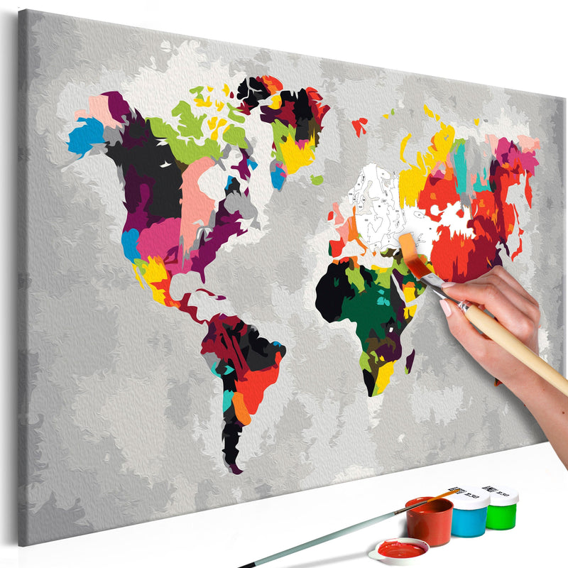Kanva uz audekla "izkrāso pēc cipariem" - Pasaules karte (spilgtas krāsas) 60x40 cm Artgeist
