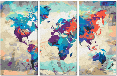 Kanva uz audekla "izkrāso pēc cipariem" - Pasaules karte (zila un sarkana) 3-daļīga (60x40 cm) n-A-0231-d-e