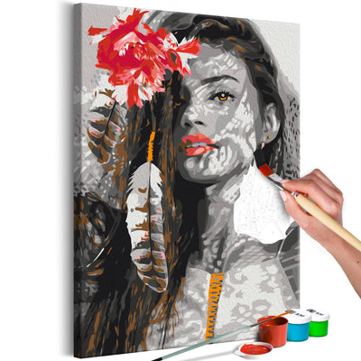 Kanva uz audekla "izkrāso pēc cipariem" - Woman With Feather 40x60 cm Artgeist