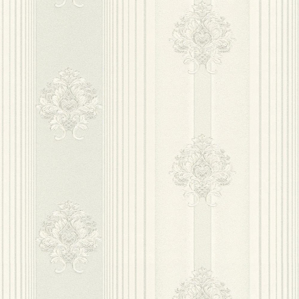 Klasiskā stila svītrainas ornamentālās tapetes, gaiši pelēkas, 330843 AS Creation
