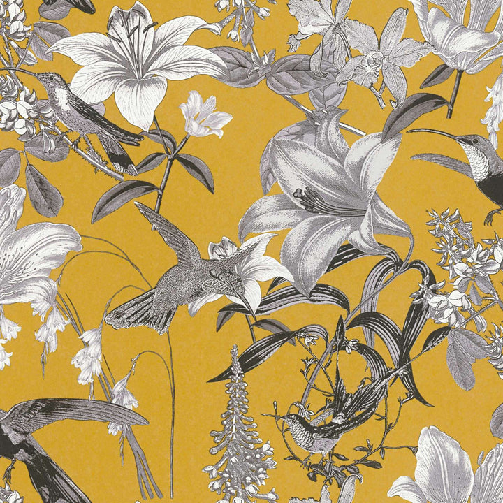 Krāsainas tapetes ar ziediem kolibri - dzeltena, pelēka AS 377013 AS Creation