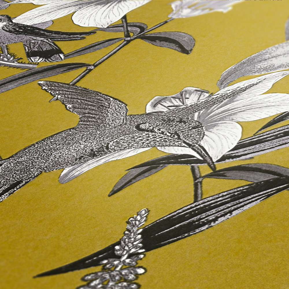 Krāsainas tapetes ar ziediem kolibri - dzeltena, pelēka AS 377013 AS Creation