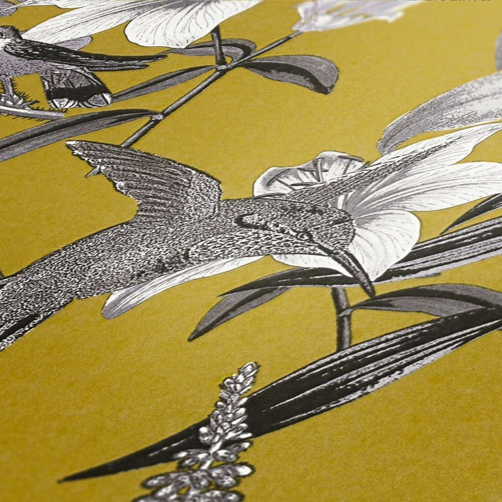 Krāsainas tapetes ar ziediem kolibri - dzeltena, pelēka AS 377013 AS Creation
