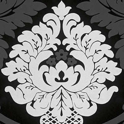 Melnbaltas tapetes ar baroka ornamentiem un struktūras dizainu, 2072512 AS Creation