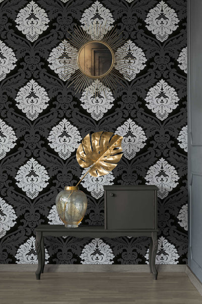 Melnbaltas tapetes ar baroka ornamentiem un struktūras dizainu, 2072512 AS Creation