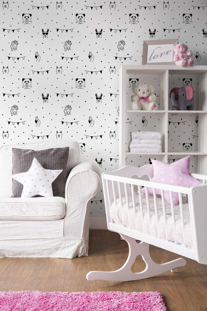 Черно-белые обои для детской комнаты - с животным и точечным рисунком 1350706 Без ПВХ AS Creation