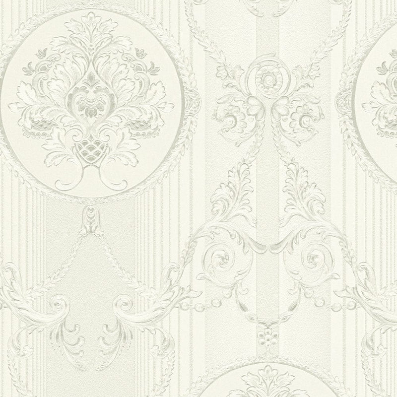 Neobaroka tapetes ar ornamentu un metālisku efektu baltā krāsā, 1206121 AS Creation