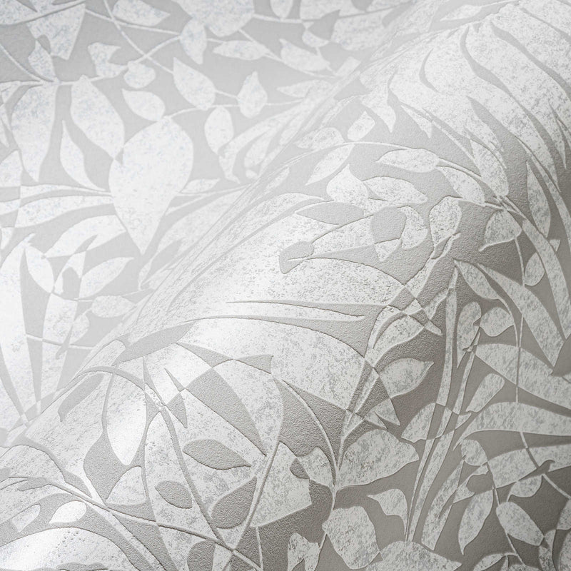 Gray wallpaper with leaves and textured surface, 1366330 AS Creation