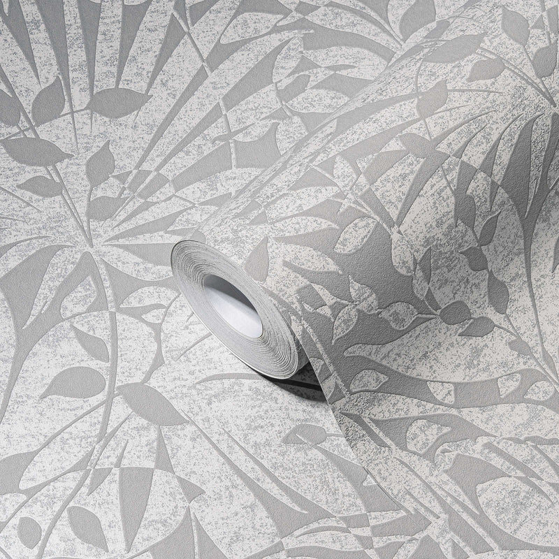 Gray wallpaper with leaves and textured surface, 1366330 AS Creation