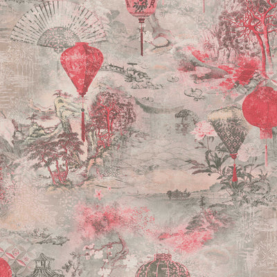 Rozā tapetes ar austrumu ainavu un Ķīniešu laternam rozā krāsā Tapetenshop.lv