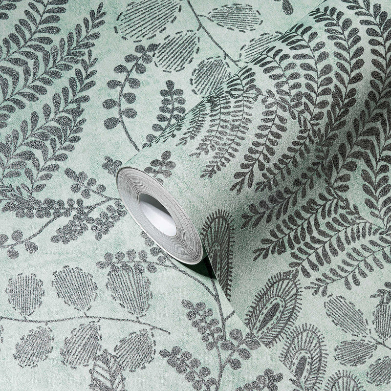 SCANDI Wallpaper with Leaf Pattern in Green Tones, 1366315 AS Creation