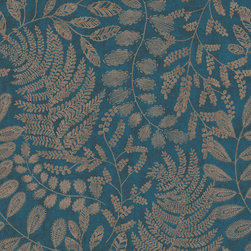 SCANDI Wallpaper with a leaf pattern in blue and gold, 1366320 AS Creation