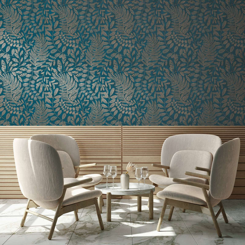 SCANDI Wallpaper with a leaf pattern in blue and gold, 1366320 AS Creation