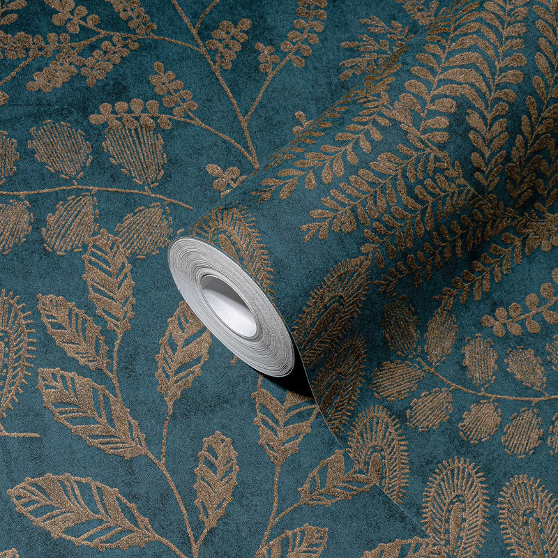 SCANDI Wallpaper with a leaf pattern in blue and gold, 1366320 AS Creation