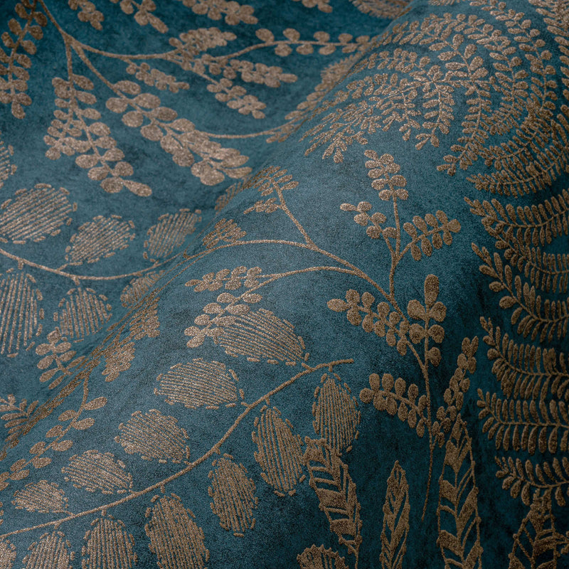 SCANDI Wallpaper with a leaf pattern in blue and gold, 1366320 AS Creation