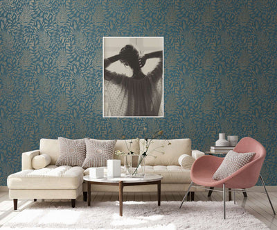 SCANDI Wallpaper with a leaf pattern in blue and gold, 1366320 AS Creation