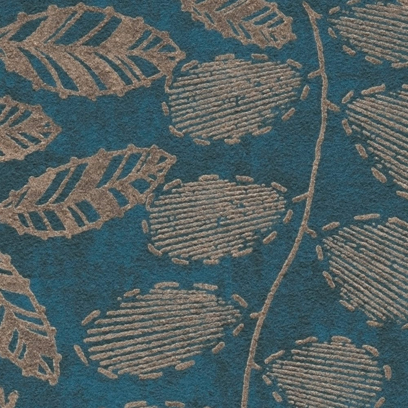 SCANDI Wallpaper with a leaf pattern in blue and gold, 1366320 AS Creation