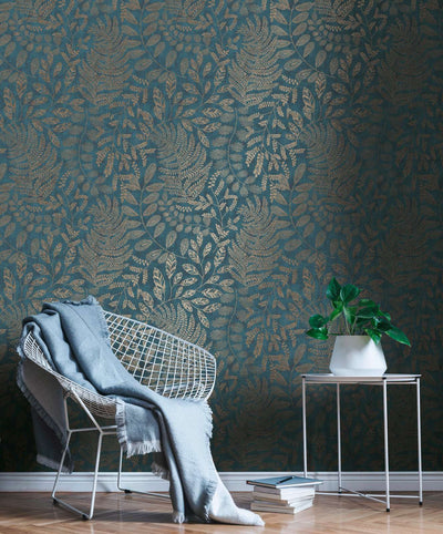 SCANDI Wallpaper with a leaf pattern in blue and gold, 1366320 AS Creation