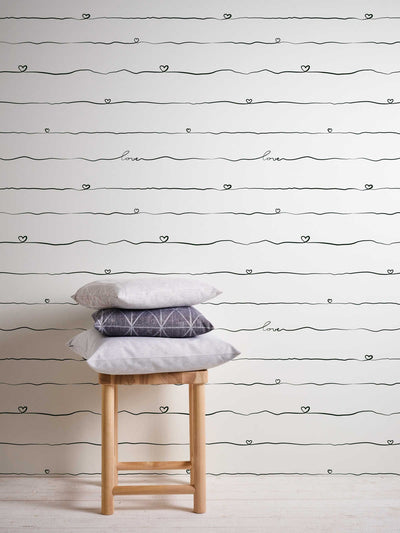 Striped nursery wallpaper with hearts, black and white 1350733 Without PVC AS Creation