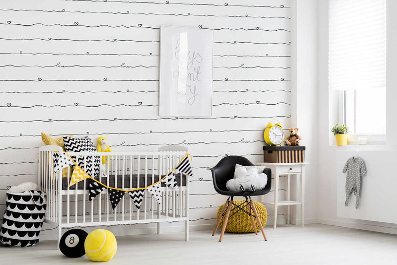Striped nursery wallpaper with hearts, black and white 1350733 Without PVC AS Creation