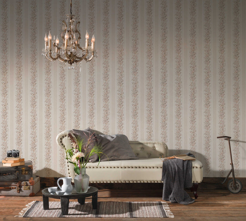 Striped wallpaper with classic floral pattern - cream, beige 3521474 AS Creation