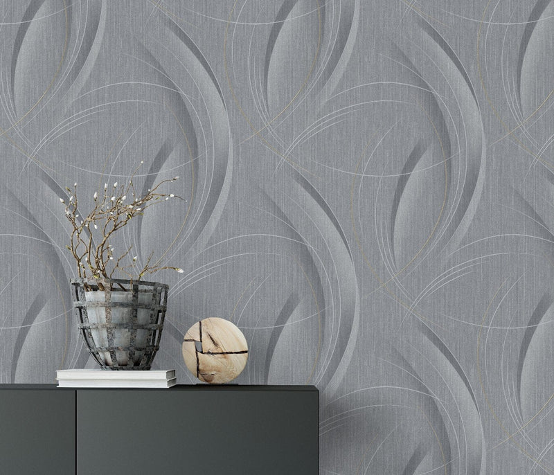 Wallpaper with wavy pattern in dark gray tones, glitter effect Erismann