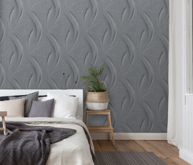 Wallpaper with wavy pattern in dark gray tones, glitter effect Erismann