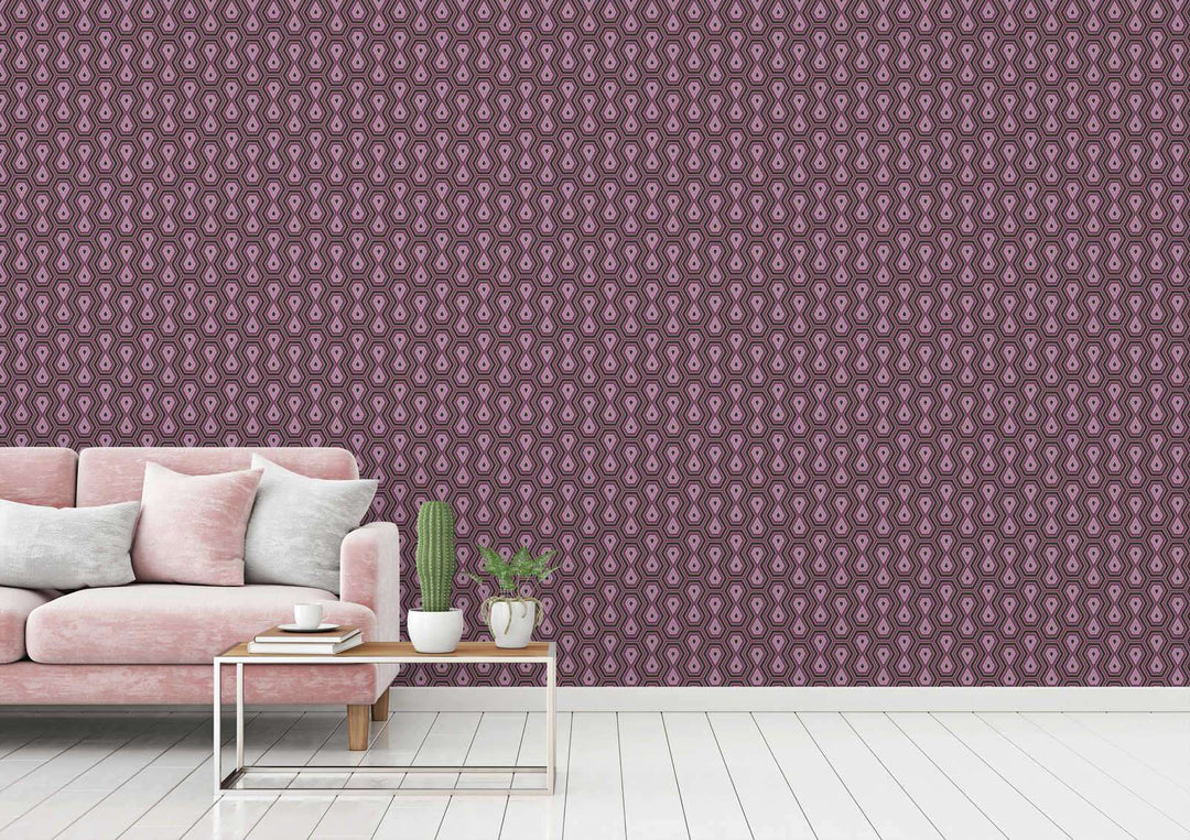 Tapetes violeta un vecā rozā krāsā ar grafisku dizainu retro stilā AS Creation
