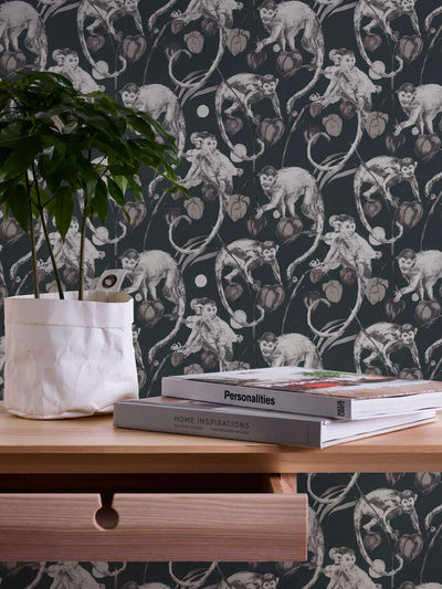 Tumma design tapetti apinoilla ja lehdillä AS 379822 Tapetenshop.lv Tapetenshop.lv