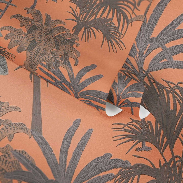 Oranžā palmu tapetes ar struktūru un rakstu koloniālā stilā 379834 Tapetenshop.lv