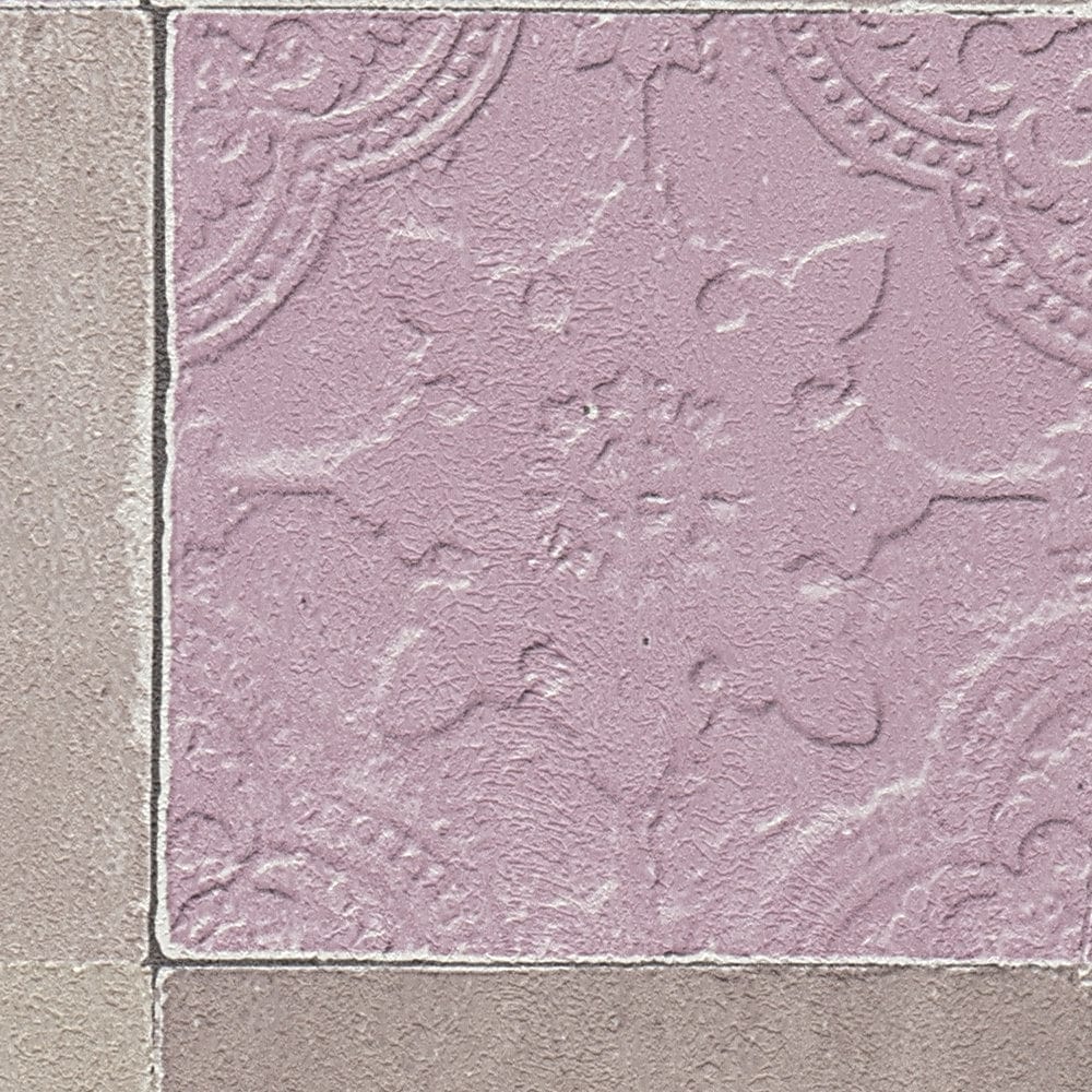 Tapetes ar dekoratīvām flīzēm, mozaīka – pelēka, violeta AS 374062 AS Creation