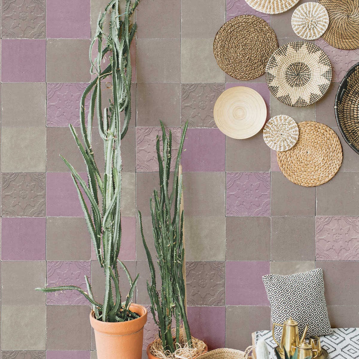 Tapetes ar dekoratīvām flīzēm, mozaīka – pelēka, violeta AS 374062 AS Creation