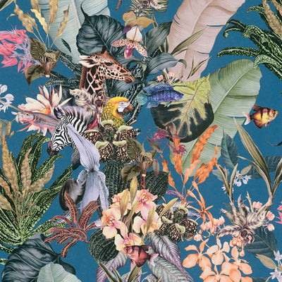 Tapetes ar eksotiskiem ziediem un dzīvniekiem (uz zila fona), 1351504 AS Creation