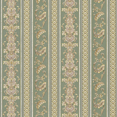 Tapetes ar greznu svītrainu dizainu un ornamentu zaļā krāsā, 1217162 AS Creation