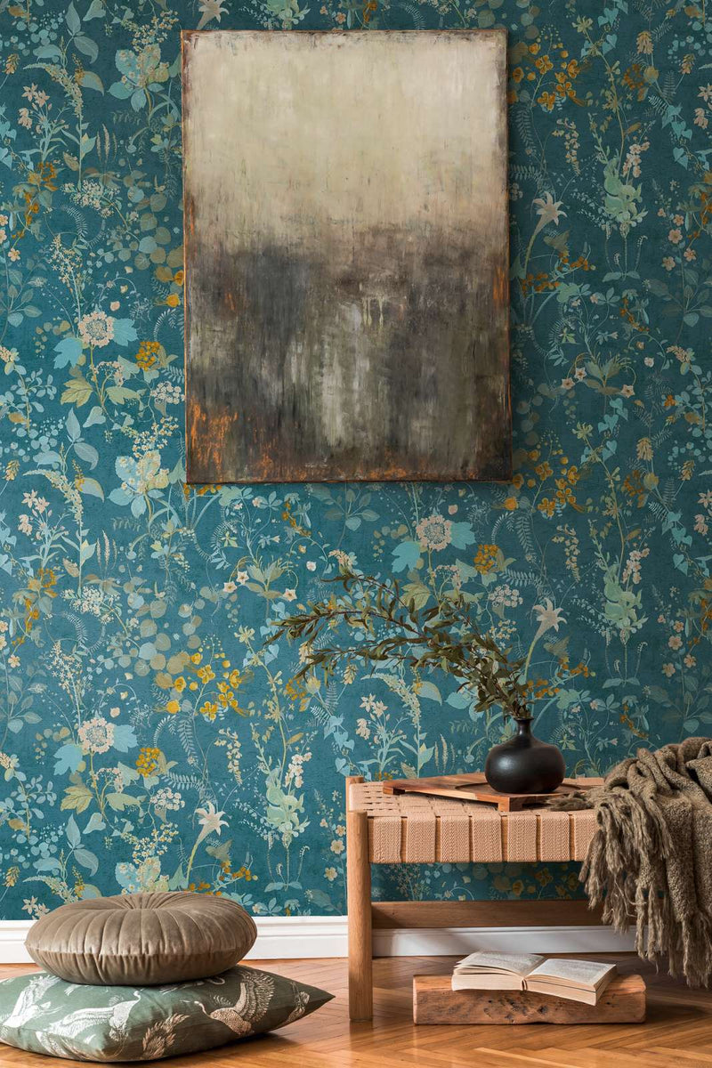 Wallpaper with floral pattern in green and blue tones AS Creation 1366235 AS Creation