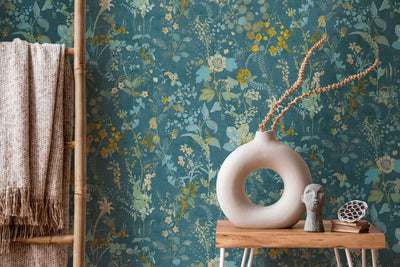 Wallpaper with floral pattern in green and blue tones AS Creation 1366235 AS Creation