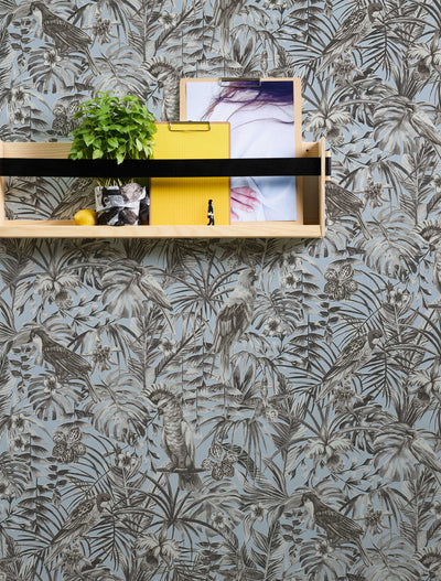 Exotic wallpaper tropical birds, flowers and leaves - gray, blue, white 372103 AS Creation