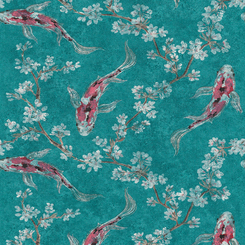 Tapetes austrumu stilā ar koi zivīm - tirkīzā krāsā 1333537