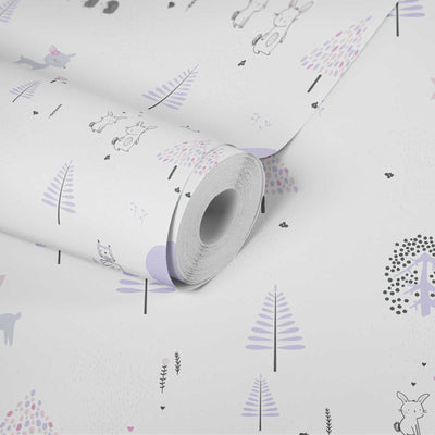Taustakuva lastenhuoneeseen metsän eläimiä - violetti, valkoinen, 1350363 Ilman PVC:tä AS Creation