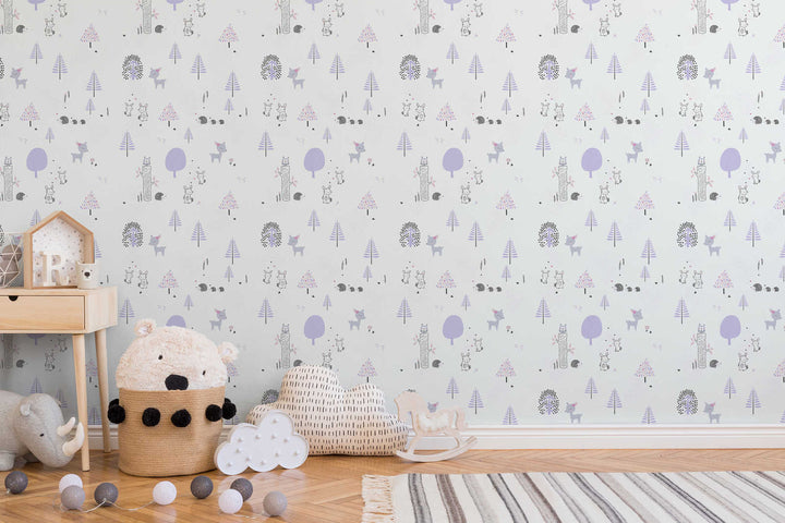 Tapetes bērnu istabai ar meža dzīvniekiem - violeta, balta, 381171, Bez PVC 🌿 AS Creation