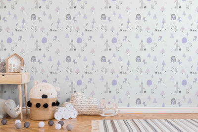 Wallpaper for children's room with forest animals - purple, white, 1350363 Without PVC AS Creation