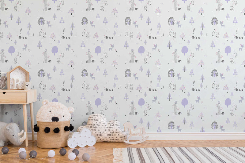 Vaikų kambario tapetai su miško gyvūnais - violetinė, balta, 1350363 Be PVC AS Creation