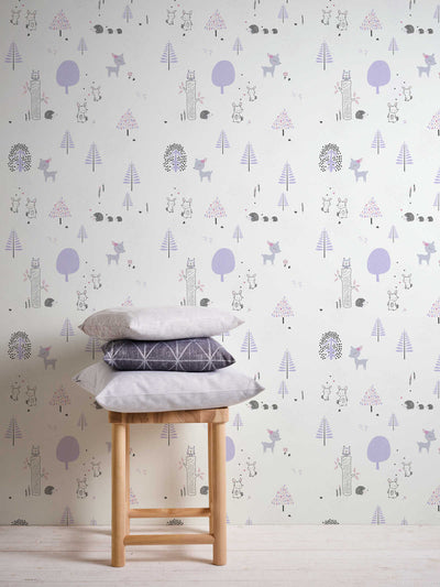 Tapetes bērnu istabai ar meža dzīvniekiem - violeta, balta, 1350363 Bez PVC AS Creation