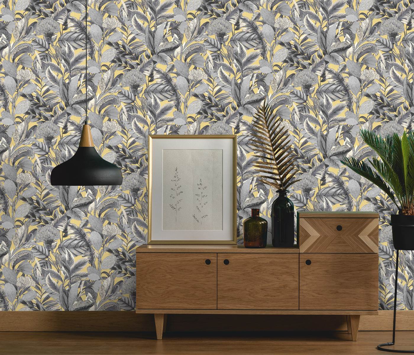 Tapetes botāniskā stilā ar lapām, dzeltenā un pelēkā krāsā - 3710467 Erismann