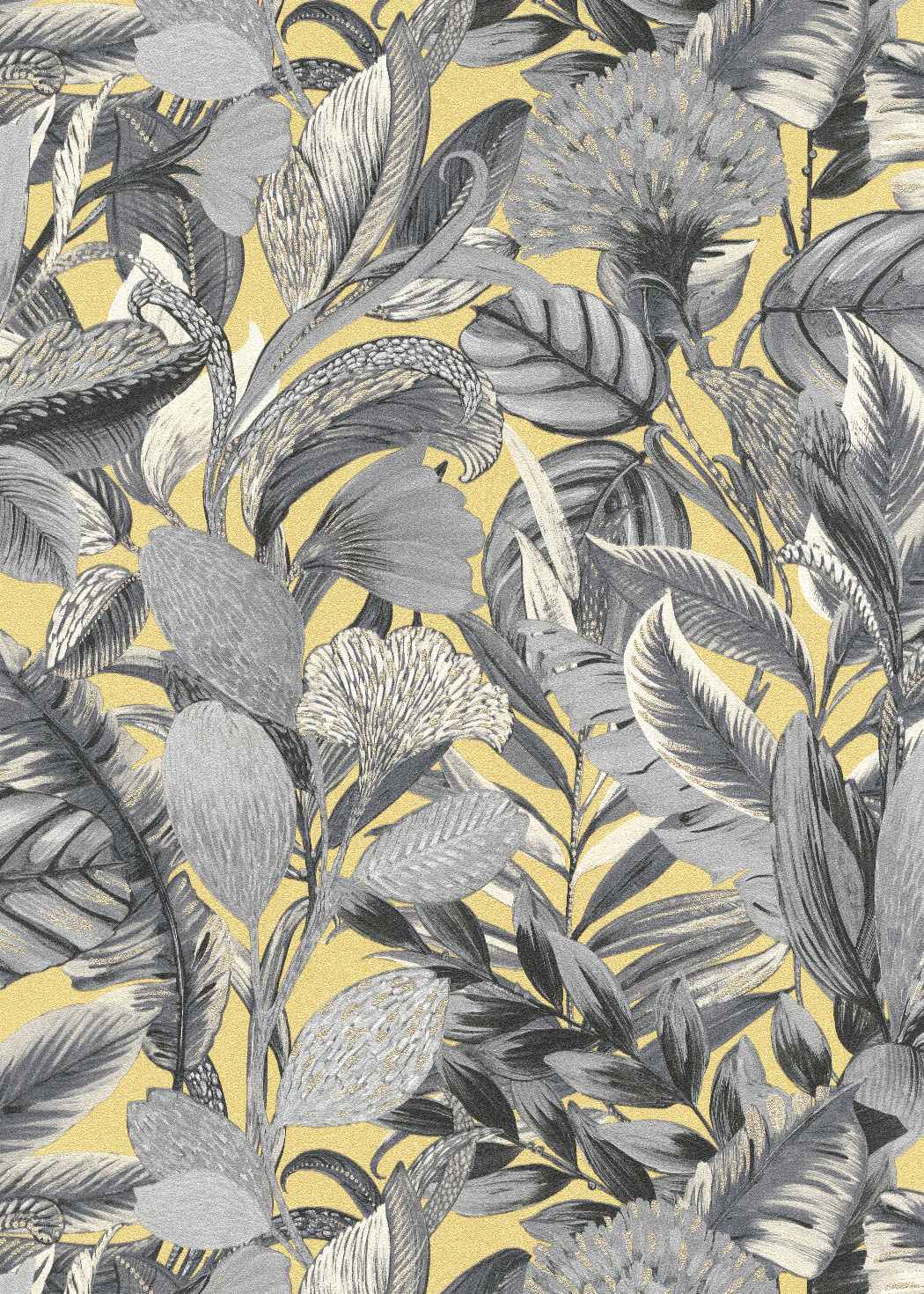 Tapetes botāniskā stilā ar lapām, dzeltenā un pelēkā krāsā - 3710467 Erismann