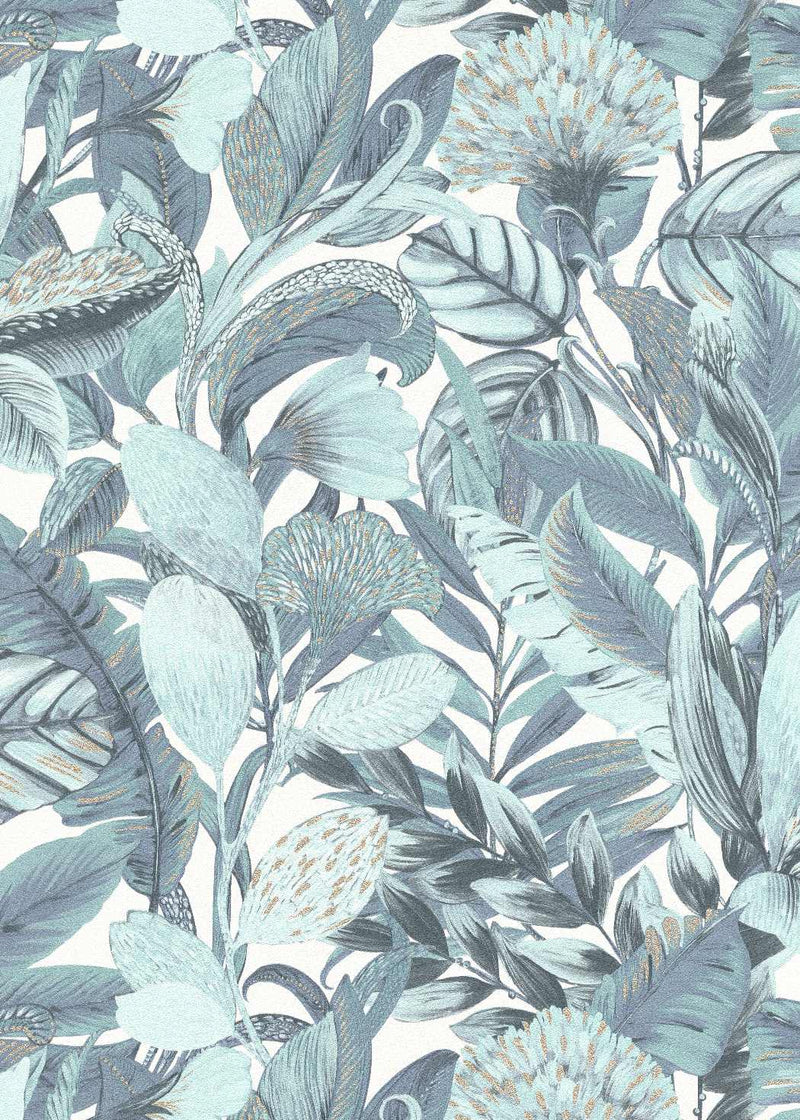 Tapetes botāniskā stilā ar eksotiskām lapām, tirkīzā krāsā, 3710472 Erismann